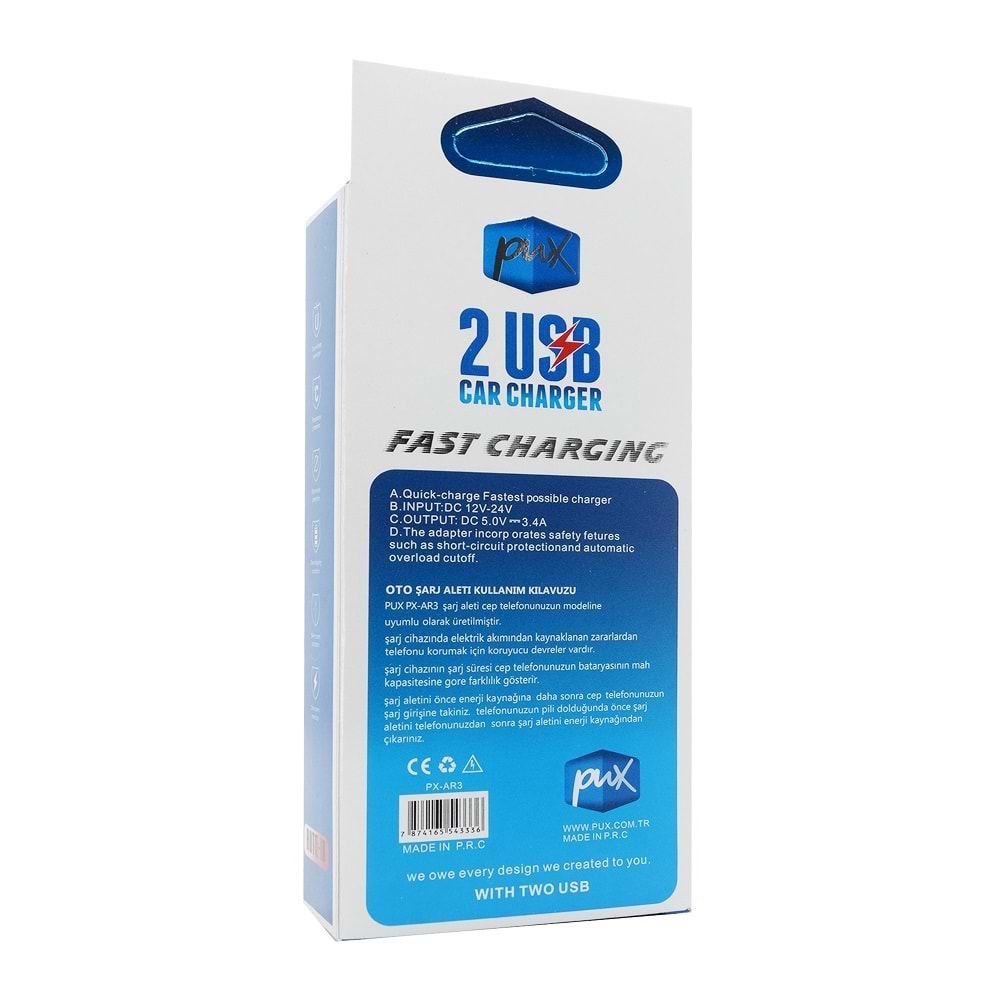 Pux PX-AR3-T 3.4a Type-C Hızlı Araç Şarj Cihazı 2usb