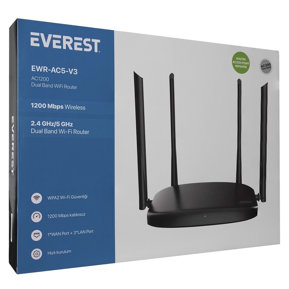 Everest EWR-AC5-V3 AC1200Mbps DualBand 4*6dBi Anten WIPS+AP+Repeater+Router