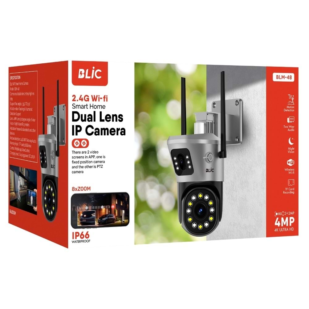 Blic BLM-48 4mp Çift Kameralı + Hareket Sensörlü + Sesli + Gece Renkli + 8xZoom + Wifi Kamera