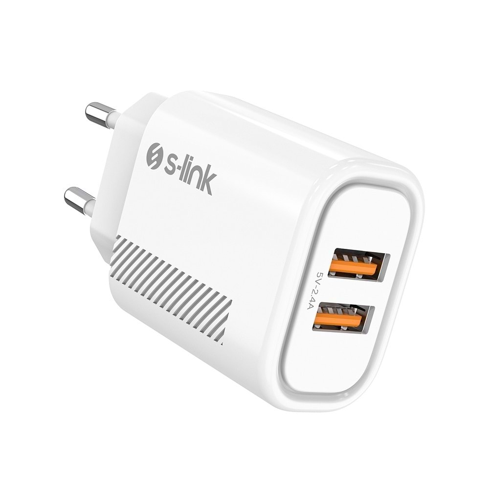 S-link SL-EC50 (SL-EC50L) Lightning Kablolu 5V 2400MA 2 USB Çıkışlı Beyaz Ev Şarj Adaptörü