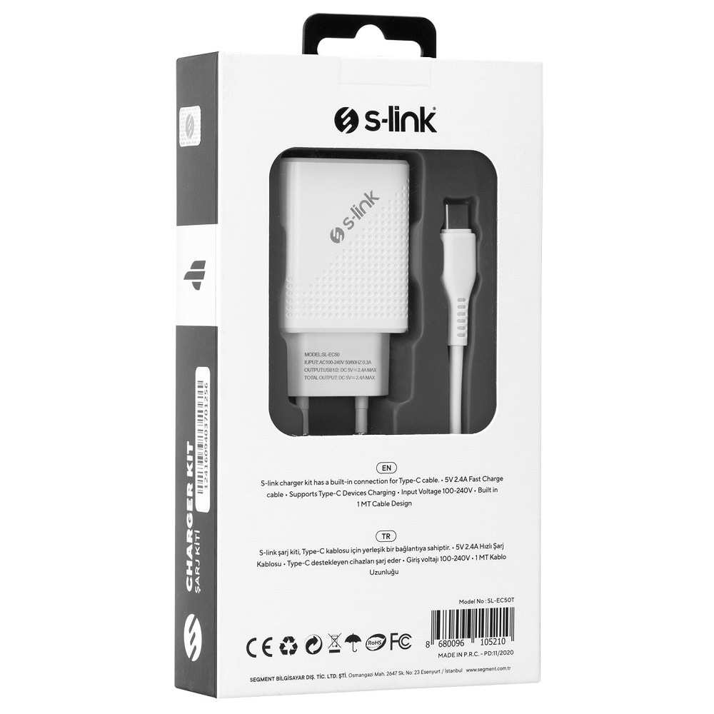 S-link SL-EC50 (SL-EC50T) 5V 2400MA Type-C Kablolu 2 USB Çıkışlı BeyazEv Şarj Adaptörü