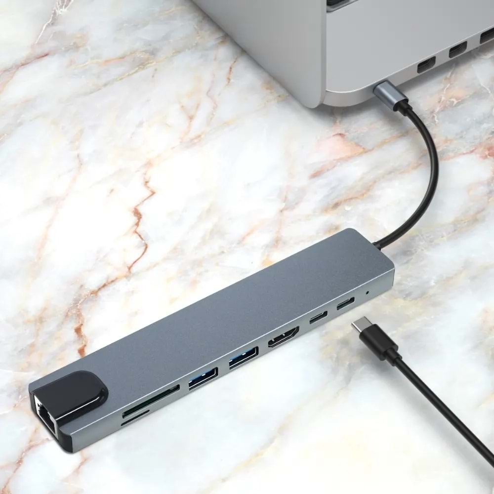 Netojen NT-818 Type-C Hdmı+Ssd+Usb+Type-C+Sd+Tf+RJ45 8 in 1 Çevirici