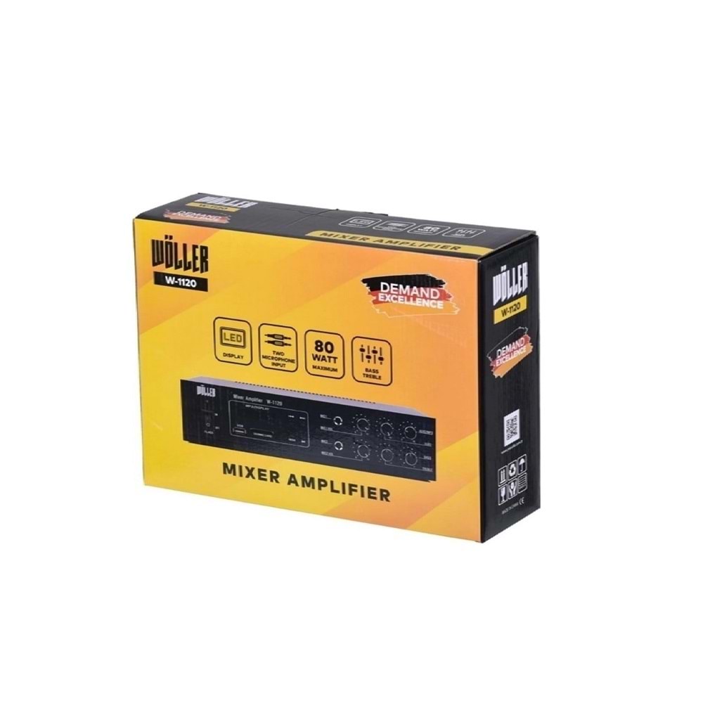 Wöller W-1120 80 Watt 70-100V ve 4-16 Ohm / Usb / Sd Kart / Bluetooth / 2 Mikrofon Girişi -Bass/Tiz Kontrol / Trafolu Amfi