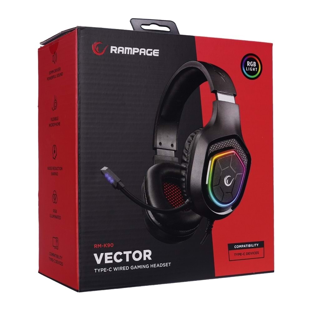 Rampage RM-K90 VECTOR Siyah RGB Led 3.5mm Gaming Mikrofonlu Oyuncu Kulaklığı