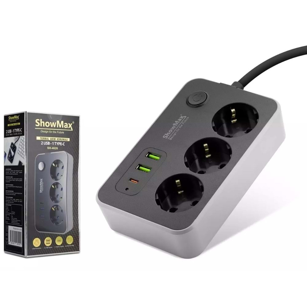 Showmax Sh4626 Termal Akım Korumalı Uzatma Kablosu 3*Priz + 2*Usb + Type-C + Anahtar 2M Siyah