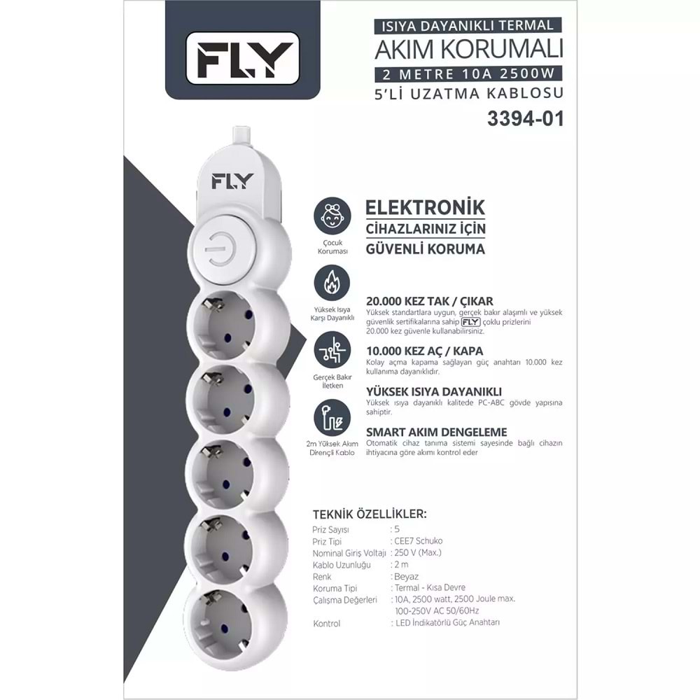 Fly 3394-01 Akım Korumalı 5li Priz + Anahtarlı 2mt Beyaz