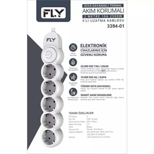Fly 3394-01 Akım Korumalı 5li Priz + Anahtarlı 2mt Beyaz