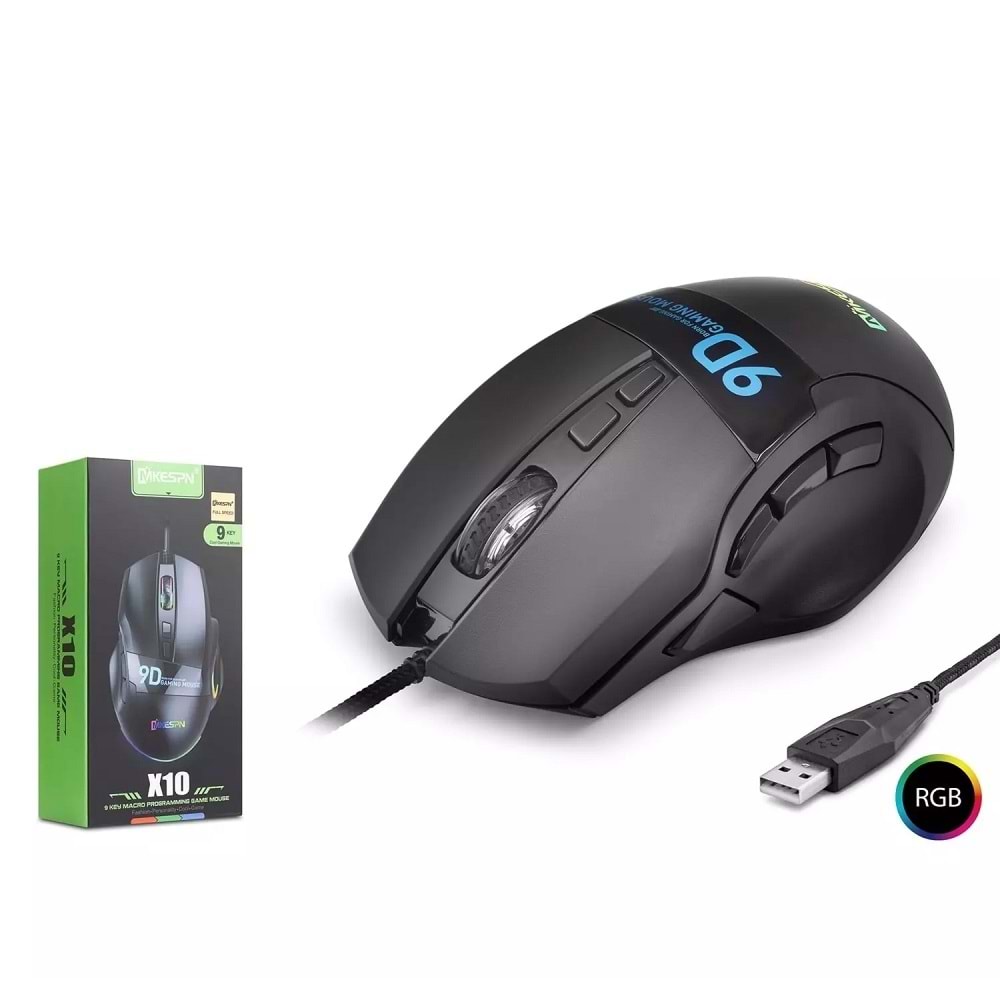 Mkespn X10 Gaming Mouse Kablolu 12800 Dpi 9 Tuş Makro 1000Hz Rgb Oyuncu Mouse Siyah