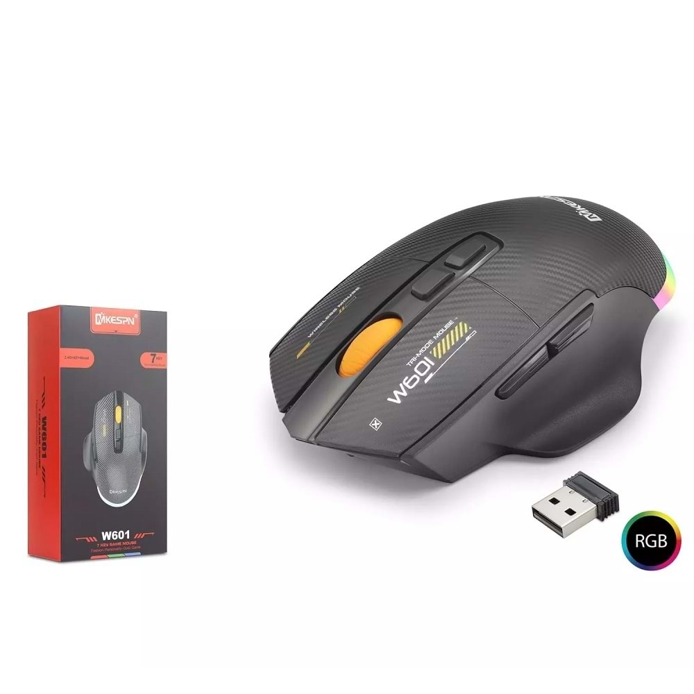 Mkespn W601B Gaming Mouse Kablosuz + Kablolu 12800 Dpi 7 Tuş Makro 1000Hz Rgb Oyuncu Mouse Siyah