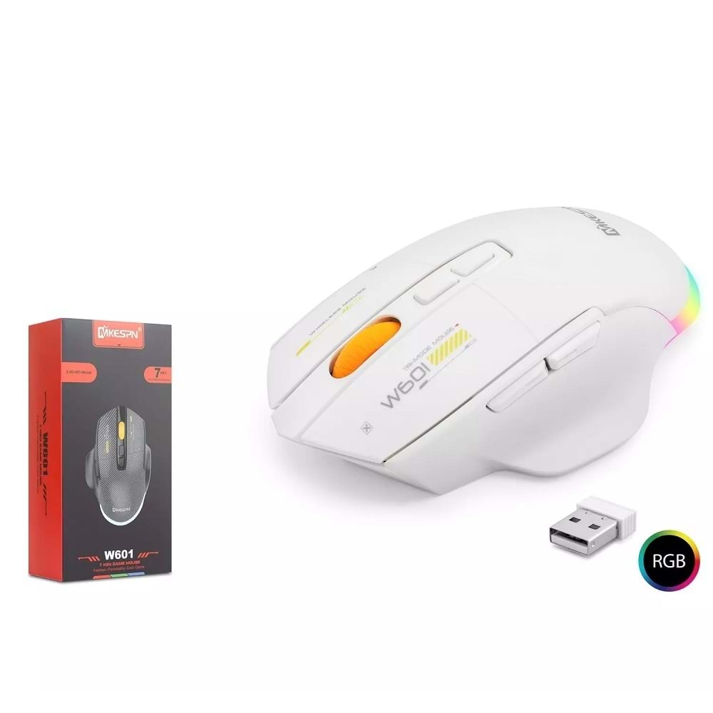 Mkespn W601W Gaming Mouse Kablosuz + Kablolu 12800 Dpi 7 Tuş Makro 1000Hz Rgb Oyuncu Mouse Beyaz