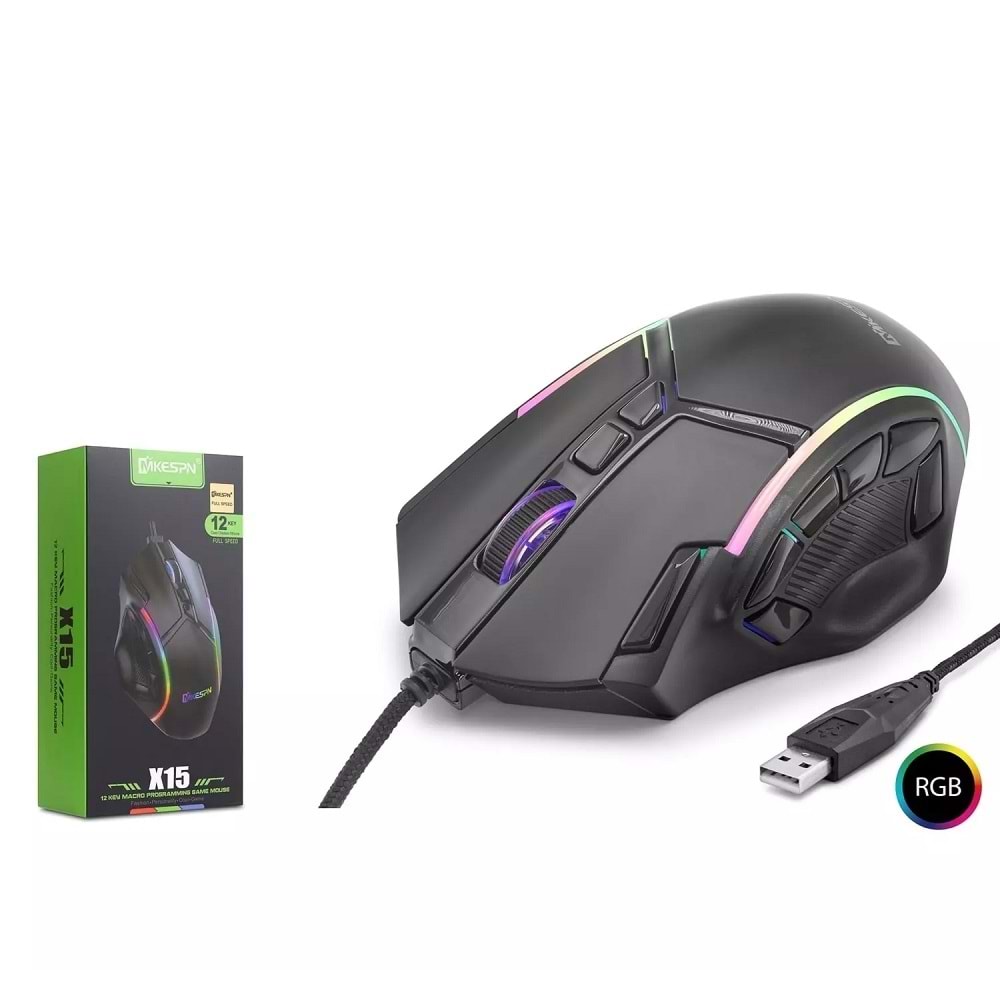 Mkespn X15 Gaming Mouse Kablolu 12800 Dpi 12 Tuş Makro 1000Hz Rgb Oyuncu Mouse Siyah