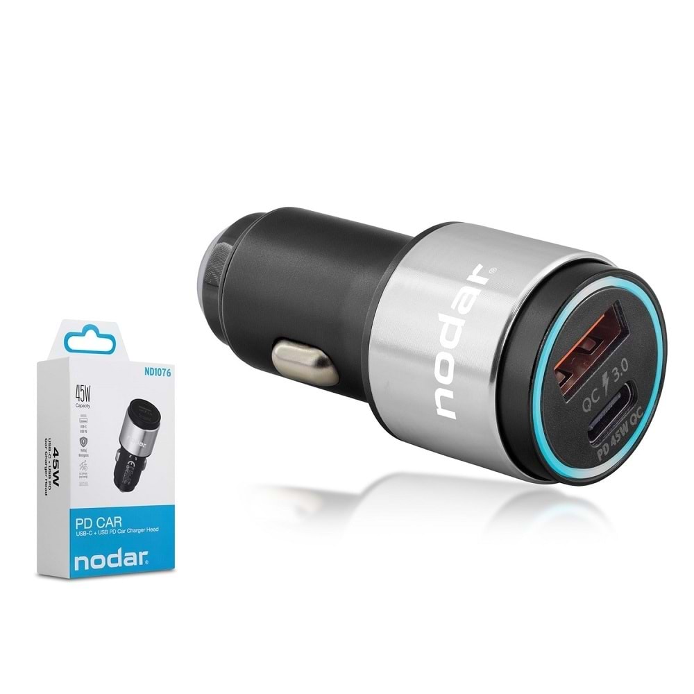 Nodar Nd1076 Usb Metal Araç Şarj Başlık 45W Silver-Siyah