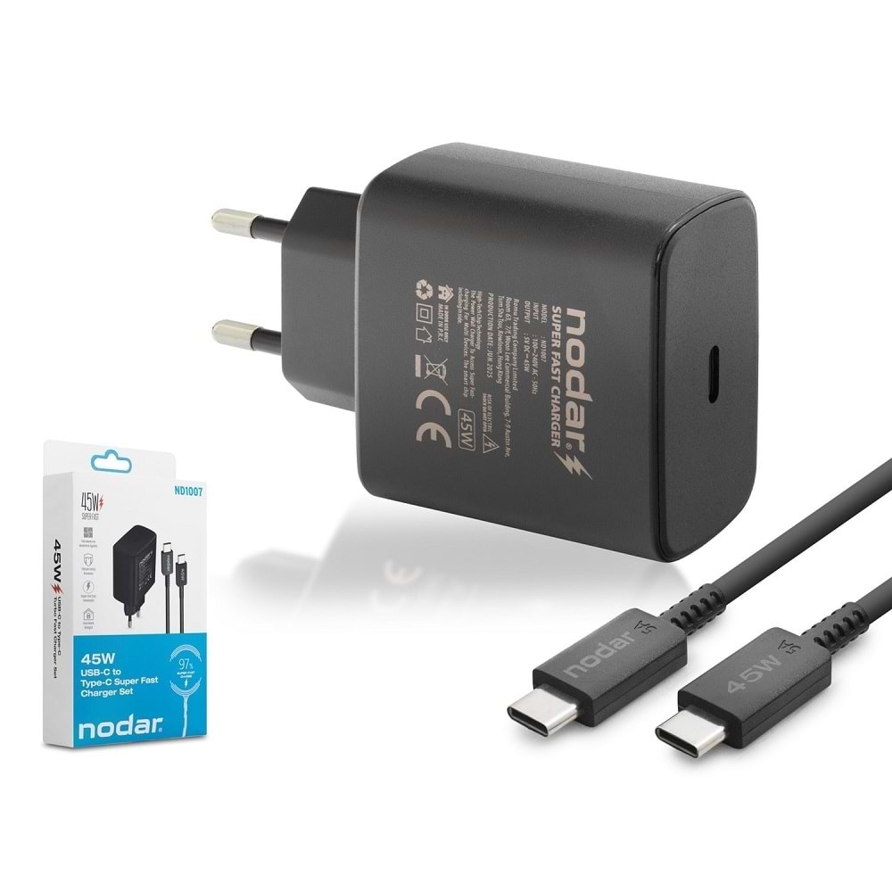 Nodar Nd1007 Type-C Süper Fast Şarj Seti 45W Siyah