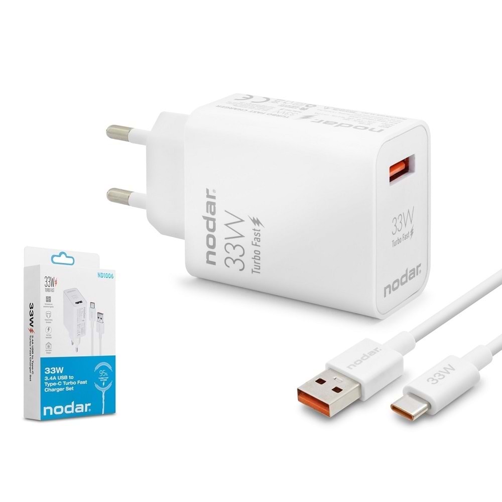 Nodar Nd1006 Usb To Type-C Turbo Fast Şarj Seti 33W Beyaz