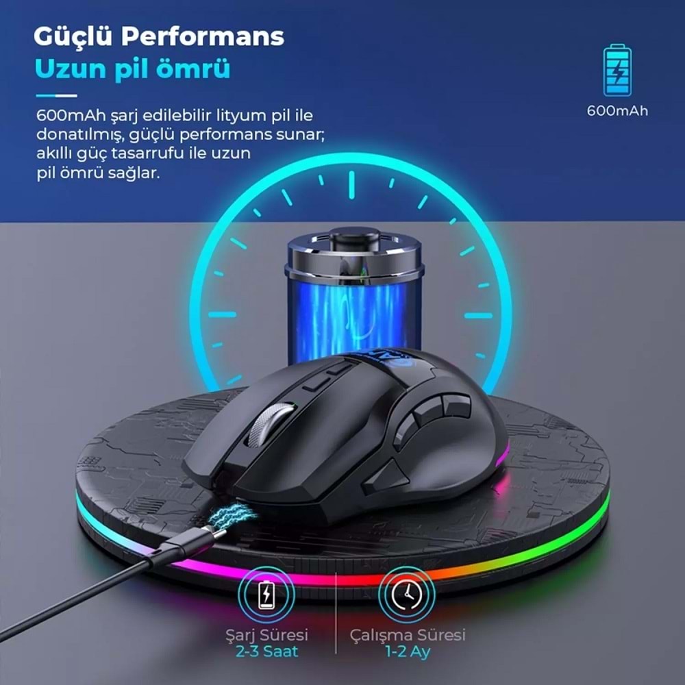 Mkespn W10 Gaming Mouse Kablosuz Dual Mod 2400 Dpi 9 Tuş 500Hz Rgb Ergonomik Oyuncu Mouse Siyah