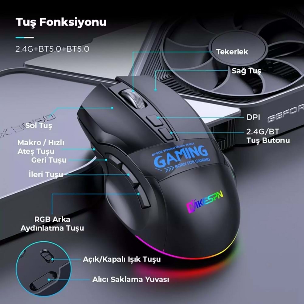 Mkespn W10 Gaming Mouse Kablosuz Dual Mod 2400 Dpi 9 Tuş 500Hz Rgb Ergonomik Oyuncu Mouse Siyah