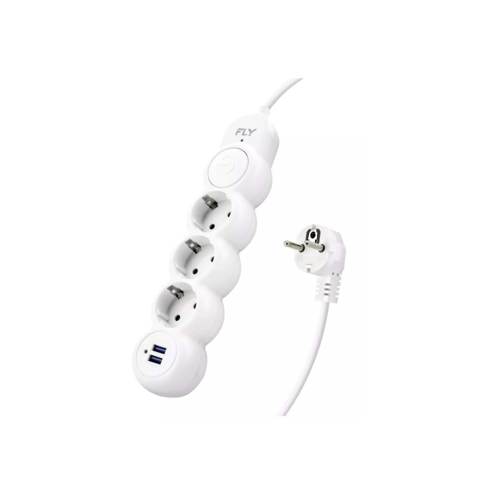 Fly 3393-01 Termal Akım Korumalı Uzatma Kablosu 3 Priz + 2x USB 2.1A Anahtarlı 2 m - Beyaz