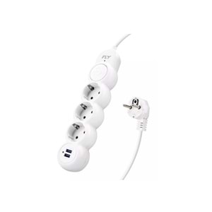 Fly 3393-01 Termal Akım Korumalı Uzatma Kablosu 3 Priz + 2x USB 2.1A Anahtarlı 2 m - Beyaz