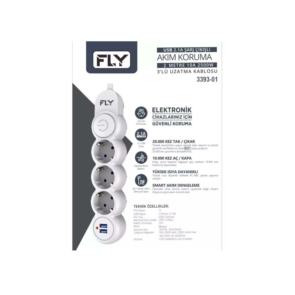 Fly 3393-01 Termal Akım Korumalı Uzatma Kablosu 3 Priz + 2x USB 2.1A Anahtarlı 2 m - Beyaz