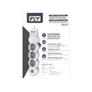 Fly 3393-01 Termal Akım Korumalı Uzatma Kablosu 3 Priz + 2x USB 2.1A Anahtarlı 2 m - Beyaz