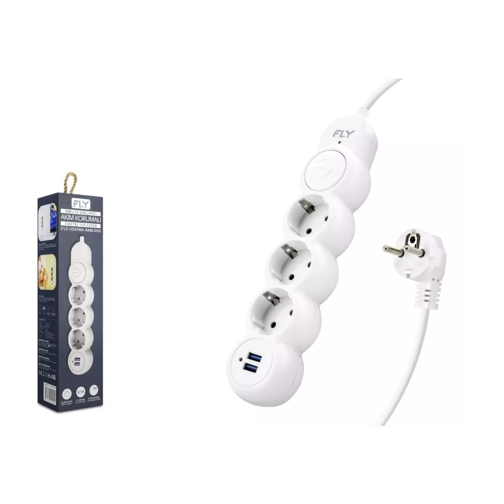 Fly 3393-01 Termal Akım Korumalı Uzatma Kablosu 3 Priz + 2x USB 2.1A Anahtarlı 2 m - Beyaz