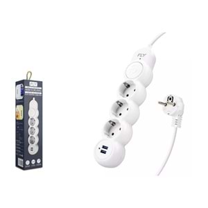Fly 3393-01 Termal Akım Korumalı Uzatma Kablosu 3 Priz + 2x USB 2.1A Anahtarlı 2 m - Beyaz