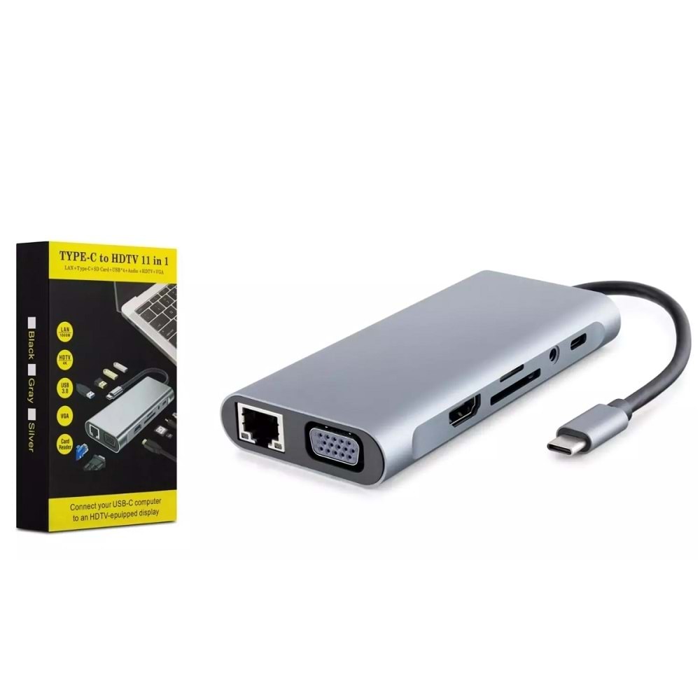 Hadron HDX7830 Type-C Combo Hub HDMI 4K USB 3.0 VGA LAN Audio Kart Okuyucu 11 Port - Gri
