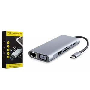 Hadron HDX7830 Type-C Combo Hub HDMI 4K USB 3.0 VGA LAN Audio Kart Okuyucu 11 Port - Gri
