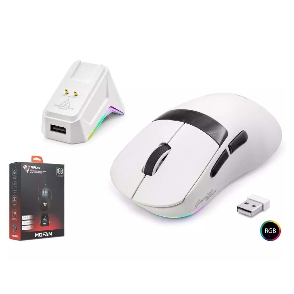 Mofan MF1216W Kablosuz Gaming RGB Mouse Şarj Standlı - Beyaz