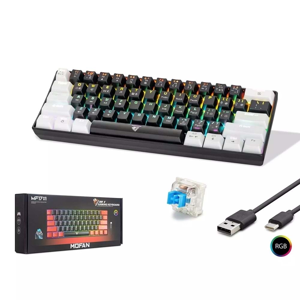 Mofan MF1701BW Gaming Mekanik RGB Klavye Blue Switch - Siyah Beyaz