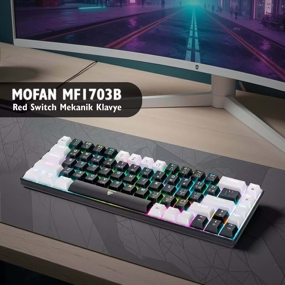 Mofan MF1703B Gaming Mekanik Klavye TRI Mod RGB Red Switch - Siyah Beyaz