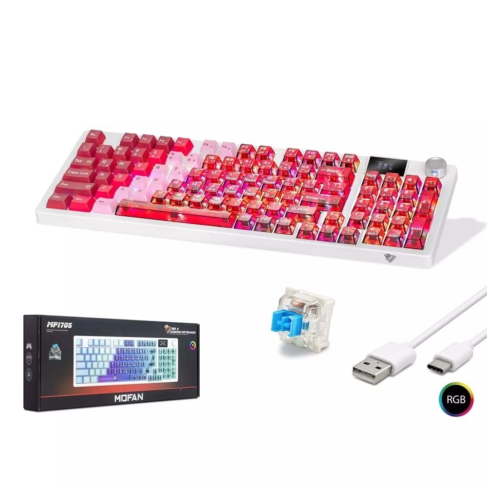 Mofan MF1705R Kablosuz Mekanik Gaming Klavye RGB Blue Switch 95 Tuş - Kırmızı Beyaz