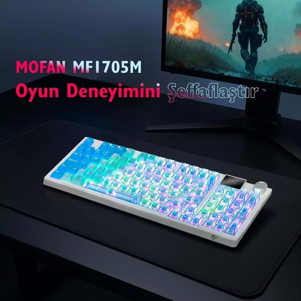 Mofan MF1705M Kablosuz Mekanik Gaming Klavye RGB Blue Switch 95 Tuş - Mavi Beyaz