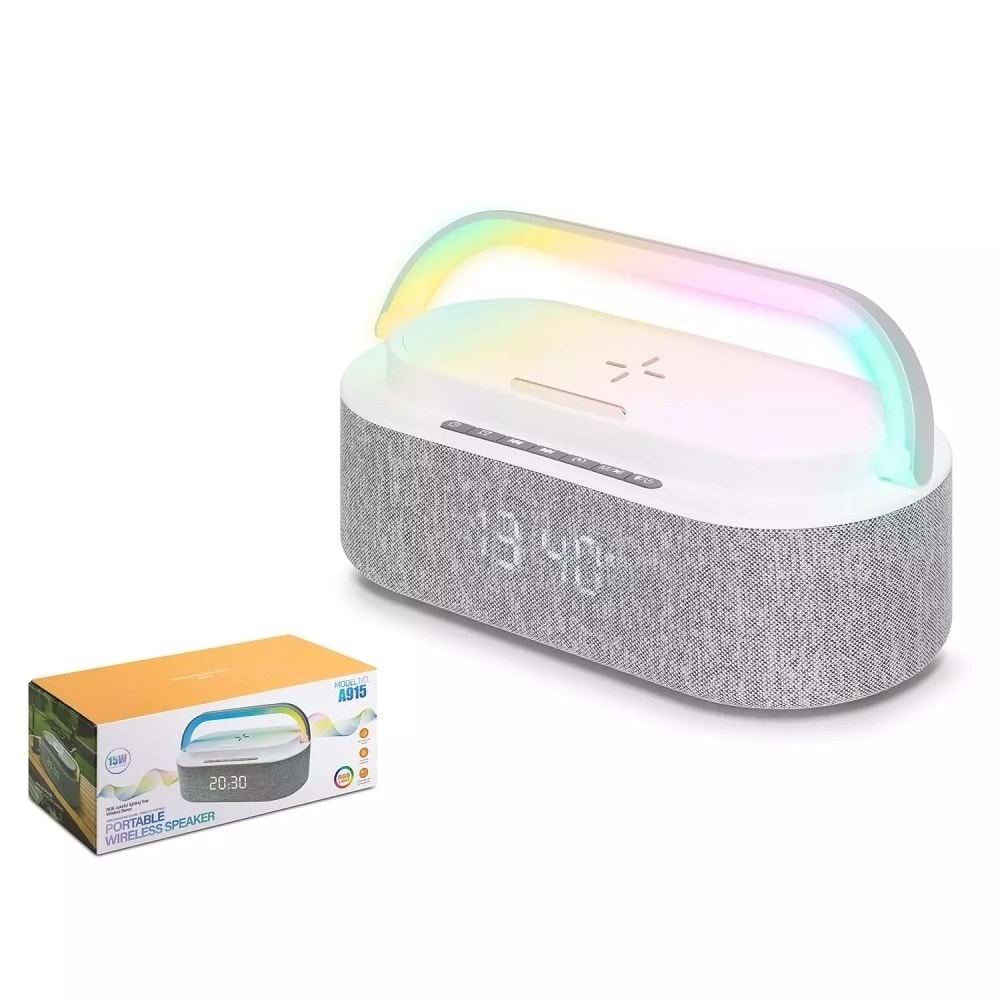 Hadron A915 Bluetooth Hoparlör FM Radyo 15W TWS USB TF Qi Kablosuz Şarjlı Saatli RGB - Beyaz