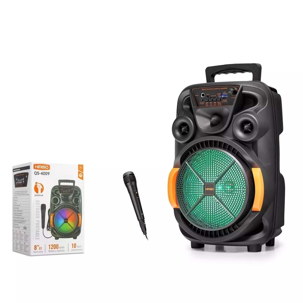 Kimiso QS4009 Bluetooth Karaoke Hoparlör FM Radyo 8 İnç USB TF AUX RGB Mikrofonlu Taşınabilir