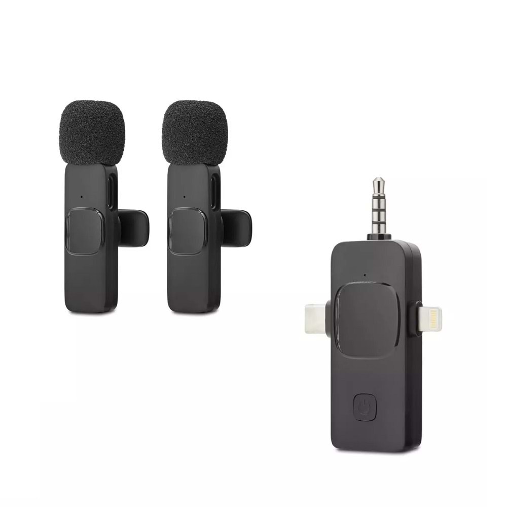 Hadron HDX2782 Type-C + Lightning + 3.5 mm Kablosuz 2’li Mikrofon Seti - Siyah