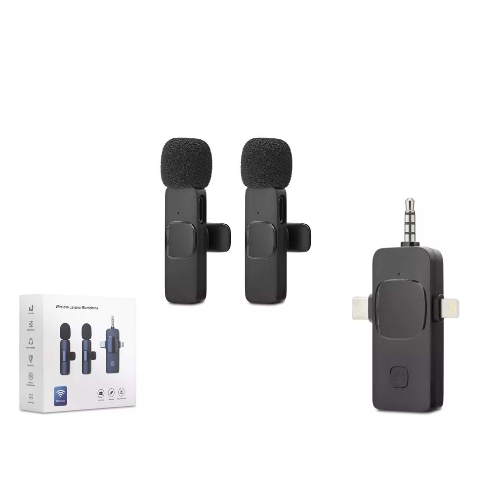 Hadron HDX2782 Type-C + Lightning + 3.5 mm Kablosuz 2’li Mikrofon Seti - Siyah