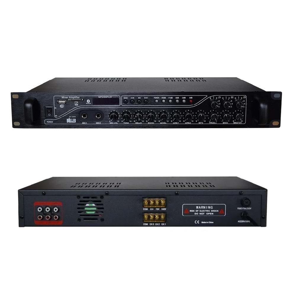 Wöller W-3300 Trafolu Mikser Amfi 300Watt 3 Bölge Usb/Sd Kart/ Bluetooth2 Mikrofon GirişiAnons Sırasında Otomatik Müzik Kesme ÖzelliğiBass/Tiz/Echo Kontrol