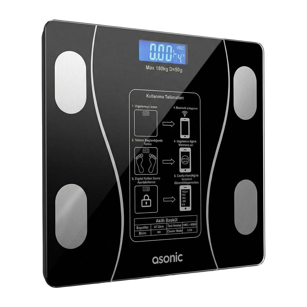 Asonic BS260 Siyah 260x260mm Boyutunda 2*AAA Pil Hediyeli Dijital Bluetooth Baskül