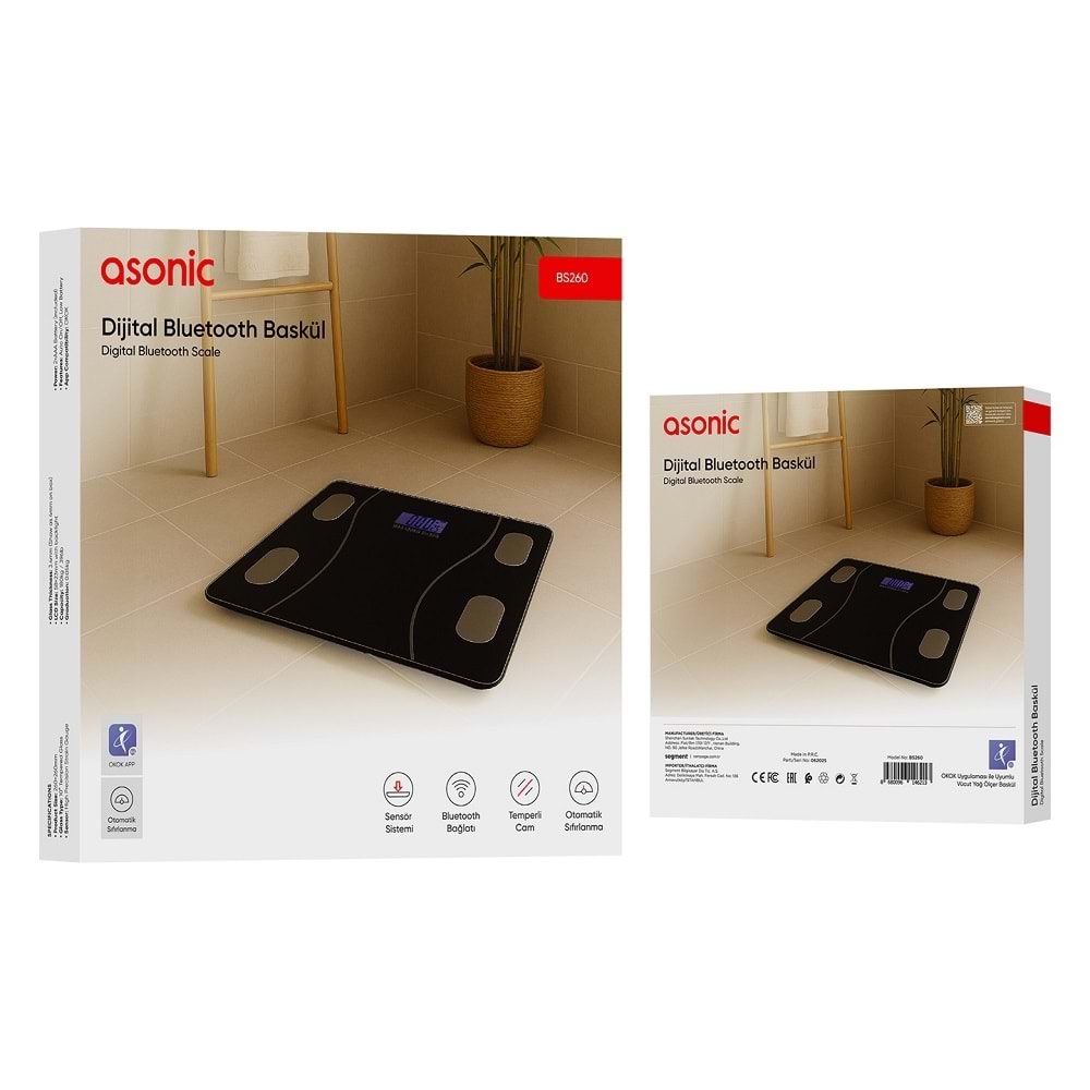 Asonic BS260 Siyah 260x260mm Boyutunda 2*AAA Pil Hediyeli Dijital Bluetooth Baskül