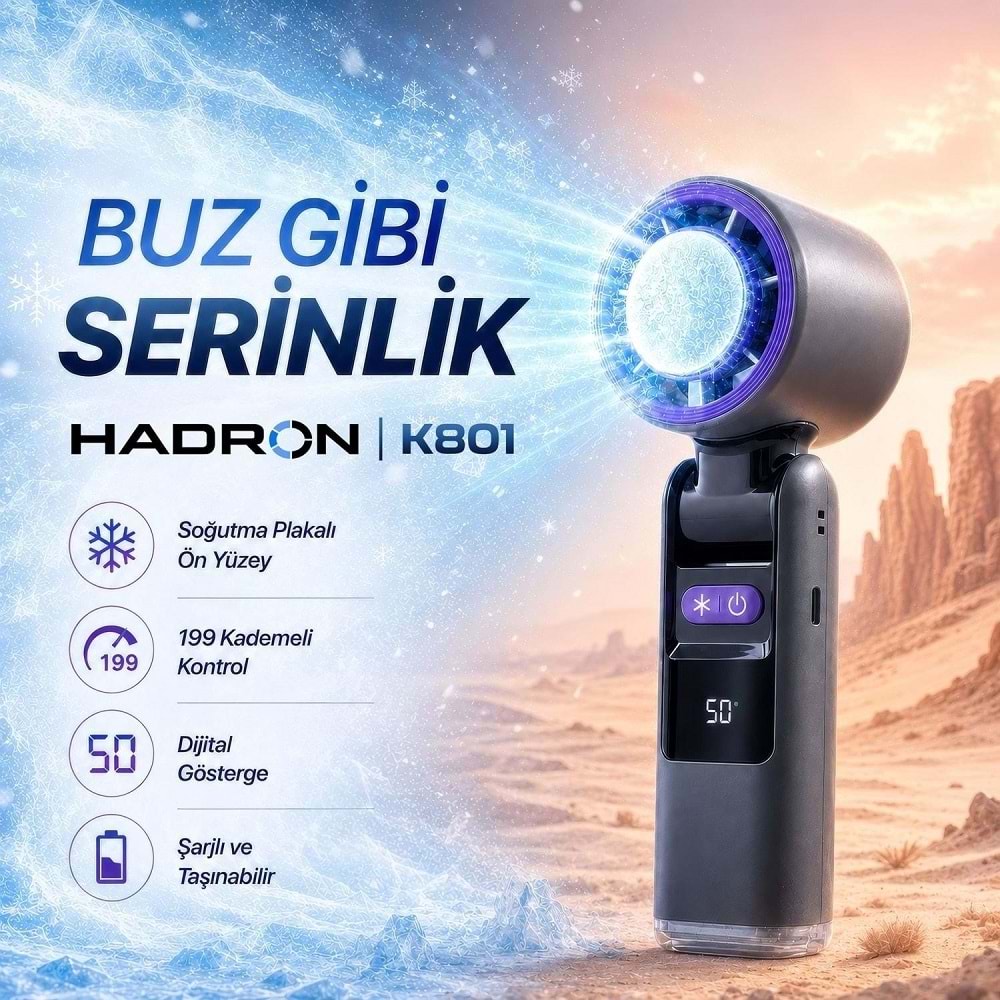 Hadron K801 Şarjlı Soğutma Plakalı Mini El Fanı Dijital Göstergeli 199 Kademeli